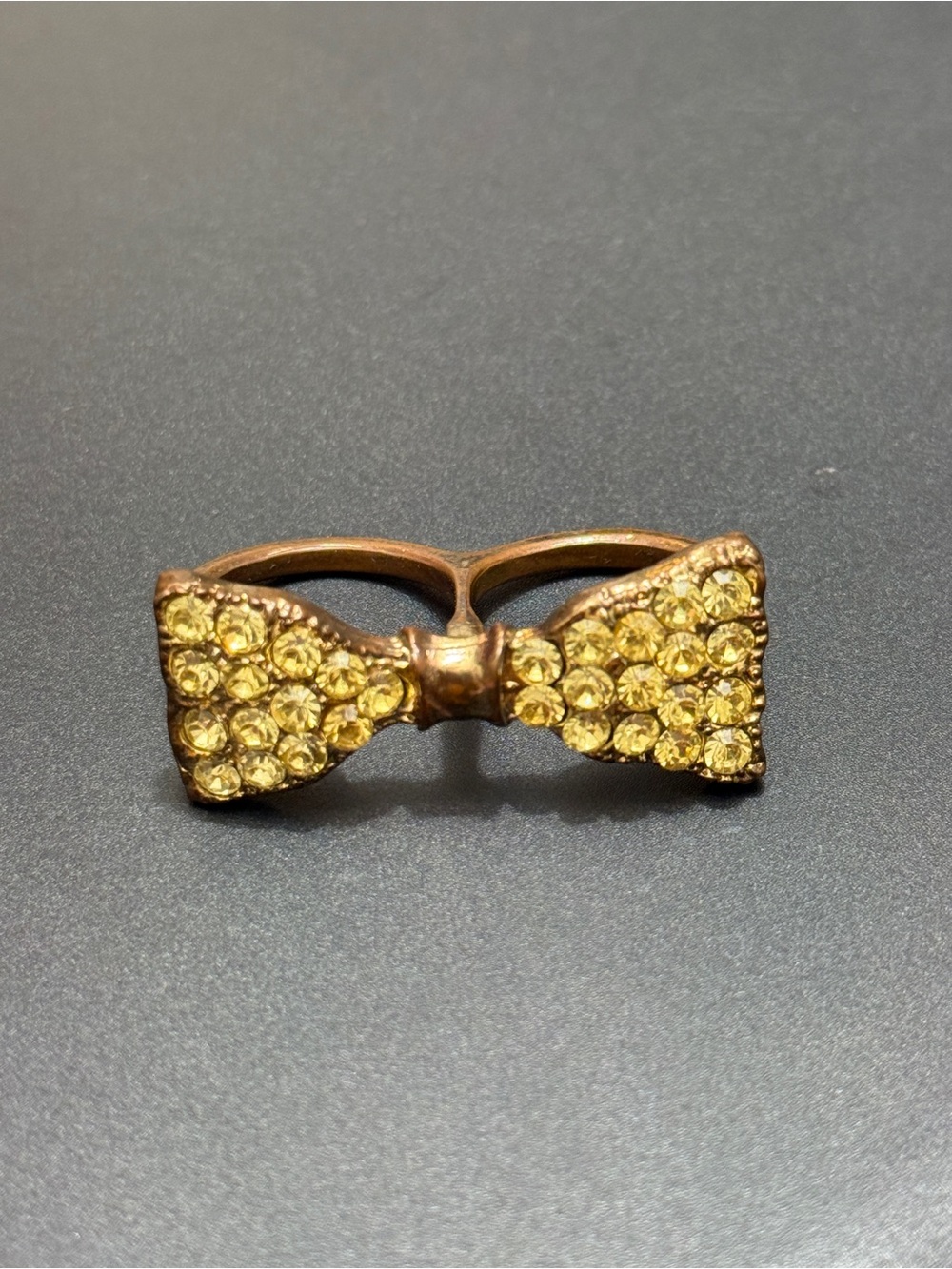 Gold Bow Double Ring with Yellow Rhinestones